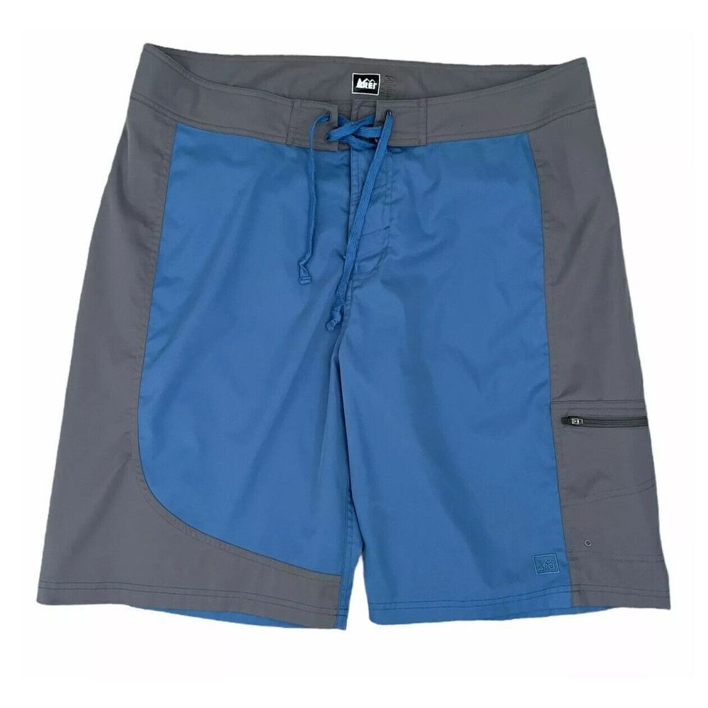 REI Mens Size s Small Swim Trunks Board Shorts Outdoor Unlined Blue‎ And Gray
